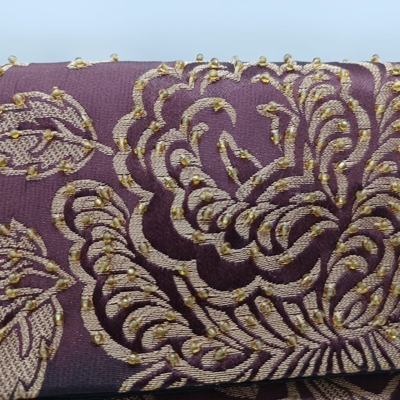 Beaded Silk Evening Clutch Wristlet Bag Burgundy Brown curtain print style NWT - Picture 3 of 5